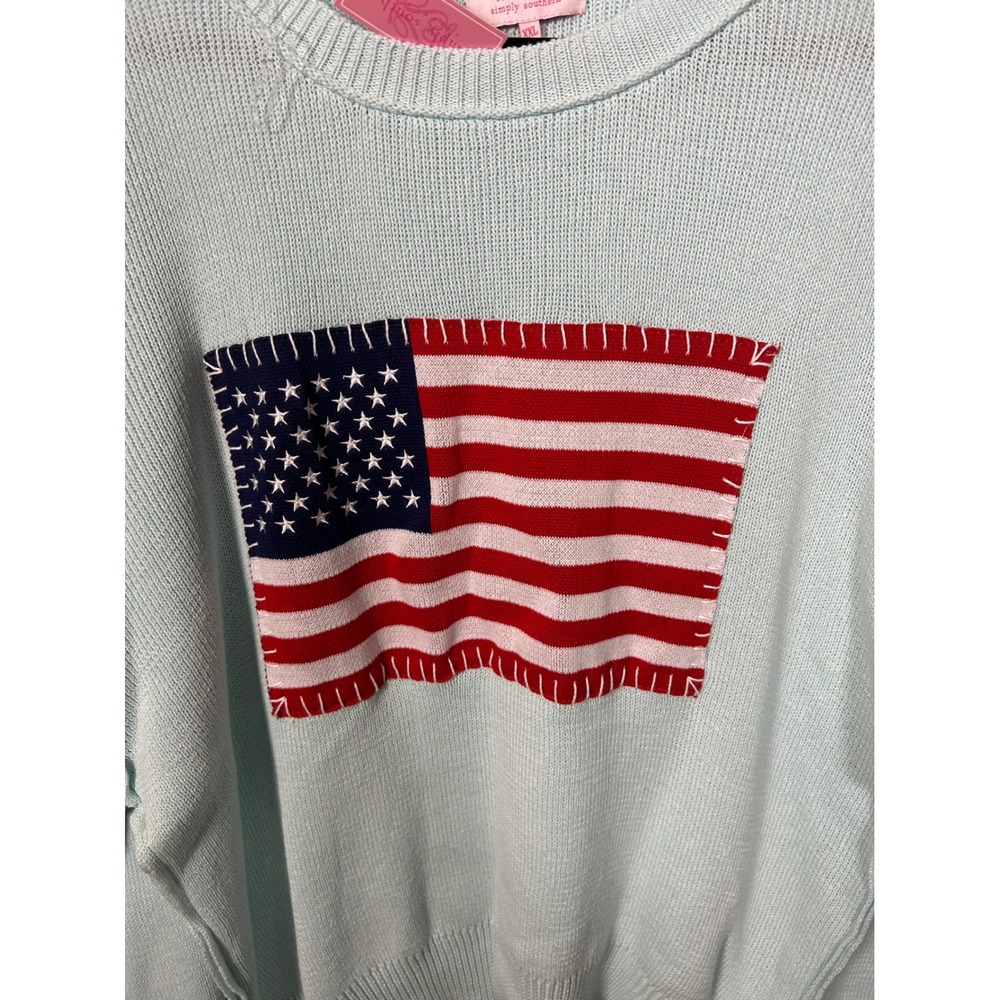 Simply Southern Womens American Flag Patch Knit Sweater Cotton XXL Light Blue - Picture 2 of 5